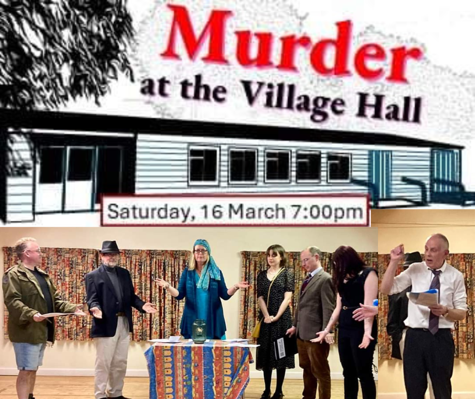 Advertising material for Murder at the Village Hall and a seance scene.